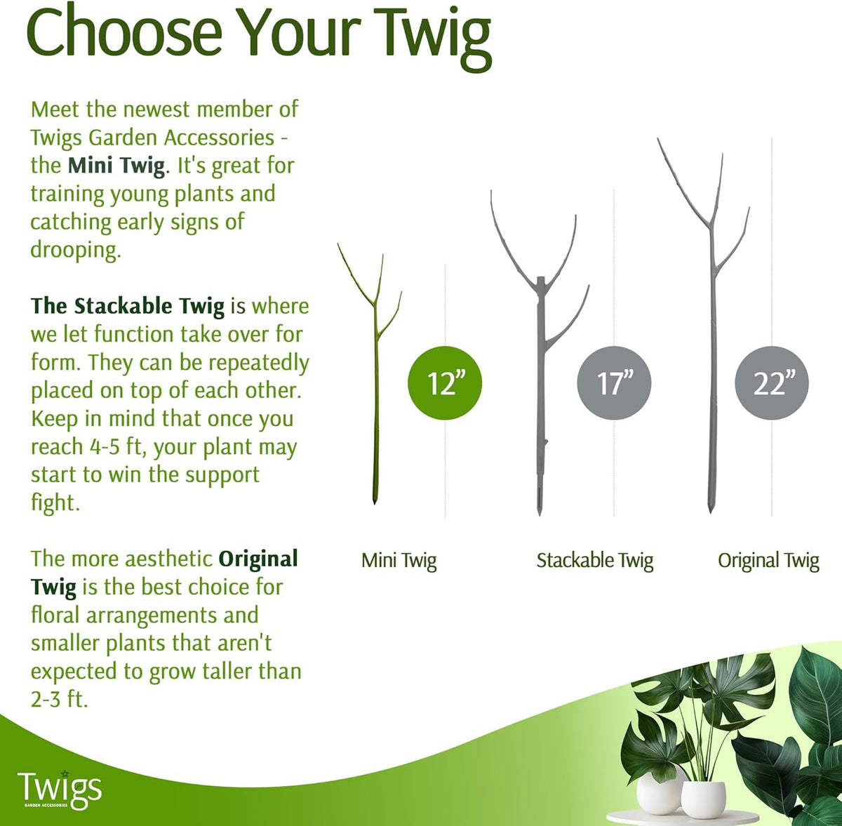 Twigs - Plant Support Stakes for Indoor, Outdoor & Climbing Plants, Gardening Supplies, Garden Accessories, Trellis & Ring Alternative, Made in USA - Peony (Light Green), 10 Pack, 12" L, Mini Twigs