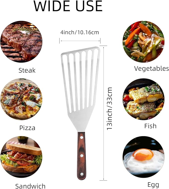 MSY BIGSUNNY Heavy Duty Fish Turner, Stainless Steel Slotted Turner with Pakkawood Handle, 4X13 Inches