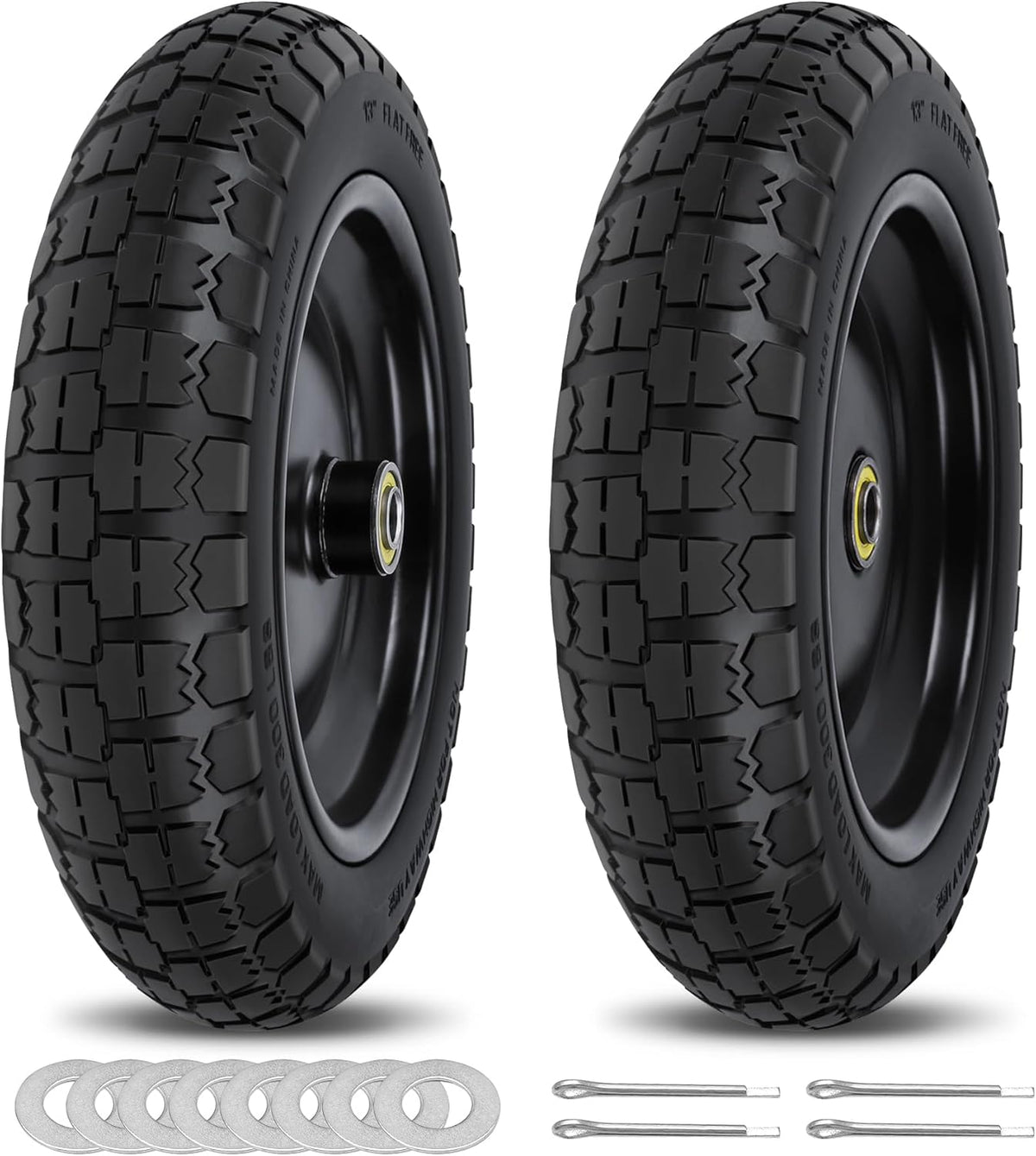 13 Inch Flat Free Wheels Tires 4.00-6 Solid Replacement with Universal 5/8" Axle Bore Hole, 8 Spacers and 4 Pins, for Wheelbarrow, Garden Wagon, Hand Truck, Trolley, Lawn Mower, 2 Pack