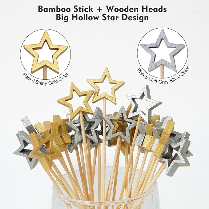 Minisland Matt Silver Star Cocktail Picks, 5.5 Inch Long Bamboo Fancy Toothpicks for Appetizers, Decorative Christmas New Year Holiday Party Food Drinks Garnish Fruit Skewer Sticks 50 Counts - MSL431