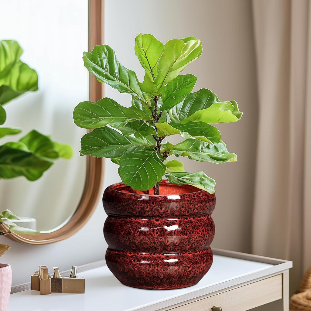 SQOWL Ceramic Flower Pots - 8 Inch Planter for Indoor Plants, Ceramic Plant Pot with Drainage Hole, Bubble Round Planter for Outdoor Plants, Office Home Desk Decor, House Warming Gifts, Red