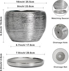 SQOWL Ceramic Pot for Plants - 10 Inch Planter Indoor, Round Large Planter Outdoor with Drainage Hole and Plant Saucer, Decorative Ceramic Flower Pot, Kitchen Decor, Housewarming Gifts, Silver