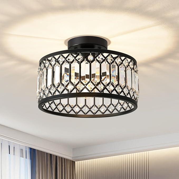 Crystal Black Ceiling Light, Modern Semi Flush Mount Ceiling Lighting Fixture, Round Hallway Lighting Fixtures for Kitchen Entryway Bedroom Laundry Room, 1-Light, 11.4 Inch