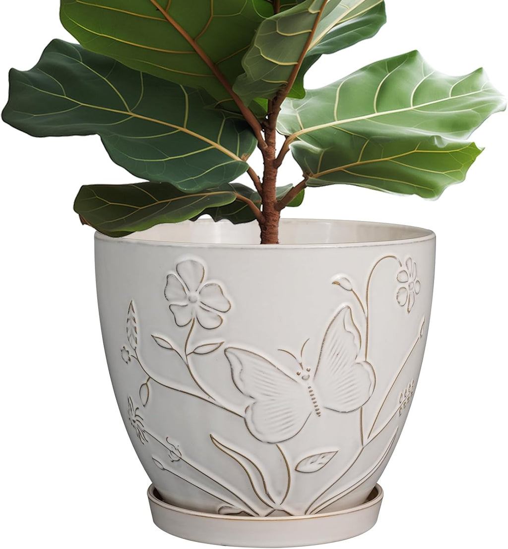 10 Inch Plant Pot Ceramic Planter Pot with Drainage Hole and Saucer Round Planter Large Flower Pot for Indoor Outdoor Plants Home Garden Decor White