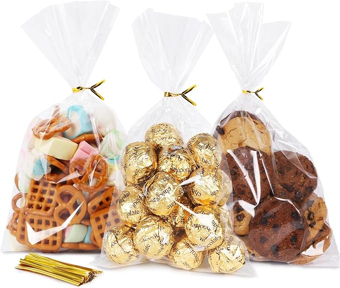 SUREHOME Cellophane Bags, 100 Pack Clear Gift Bag Cellophane Treat Bags with Ties 6x10 Inch Plastic Small Cello Candy Bag for Party Favors Easter Goodie Graduation Cookies Bakery Popcorn Wraps