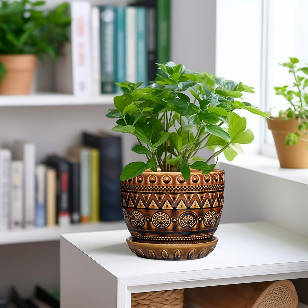 G EPGardening Ceramic Pot for Plants 5.5 Inch - Ceramic Plant Pot with Drainage Hole and Saucer, Boho Round Planter for Indoor Outdoor Plants, Plant Lover Gifts, Office Garden House Decor, Brown