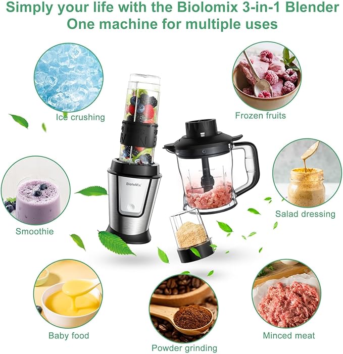 BioloMix Blender and Food Processor Combo, 700W Portable Juicer, Personal Blender, Meat Grinder, Food Processor, Coffee Spice Grinder, Meat Chopper, Smoothies, Fruits Mixer
