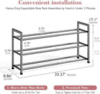 Bumusty 3-Tier Expandable Shoe Rack for Closet, 18“-33” Adjustable Shoe Rack for Small Space, Small Shoe Organizer for Front Door, Sturdy Metal, Gray