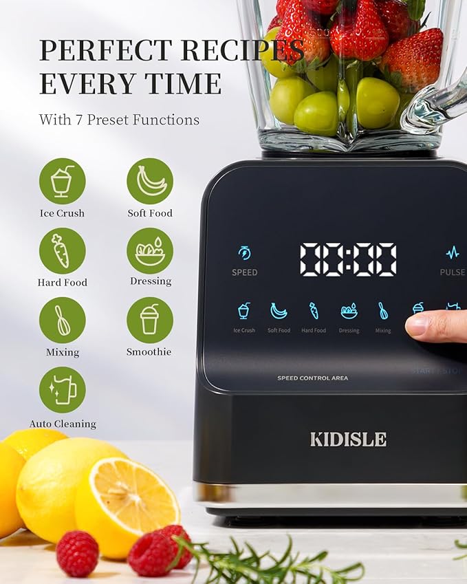 1200W Professional Smoothie Blender for Shakes, 52oz Glass Jar, Ice Crush, Puree, 9-Speed Touchscreen with Pulse & 7 Functions, Black