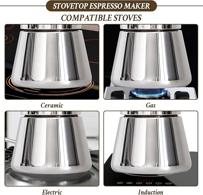 Stovetop Espresso Maker, 6Cup 10 oz Moka Pot, Stainless Steel Cuban and Italian Coffee Maker for Cafetera Cubana, Greca De Cafe Induction Stovetop Compatible, Coffee Gift for Home Travel