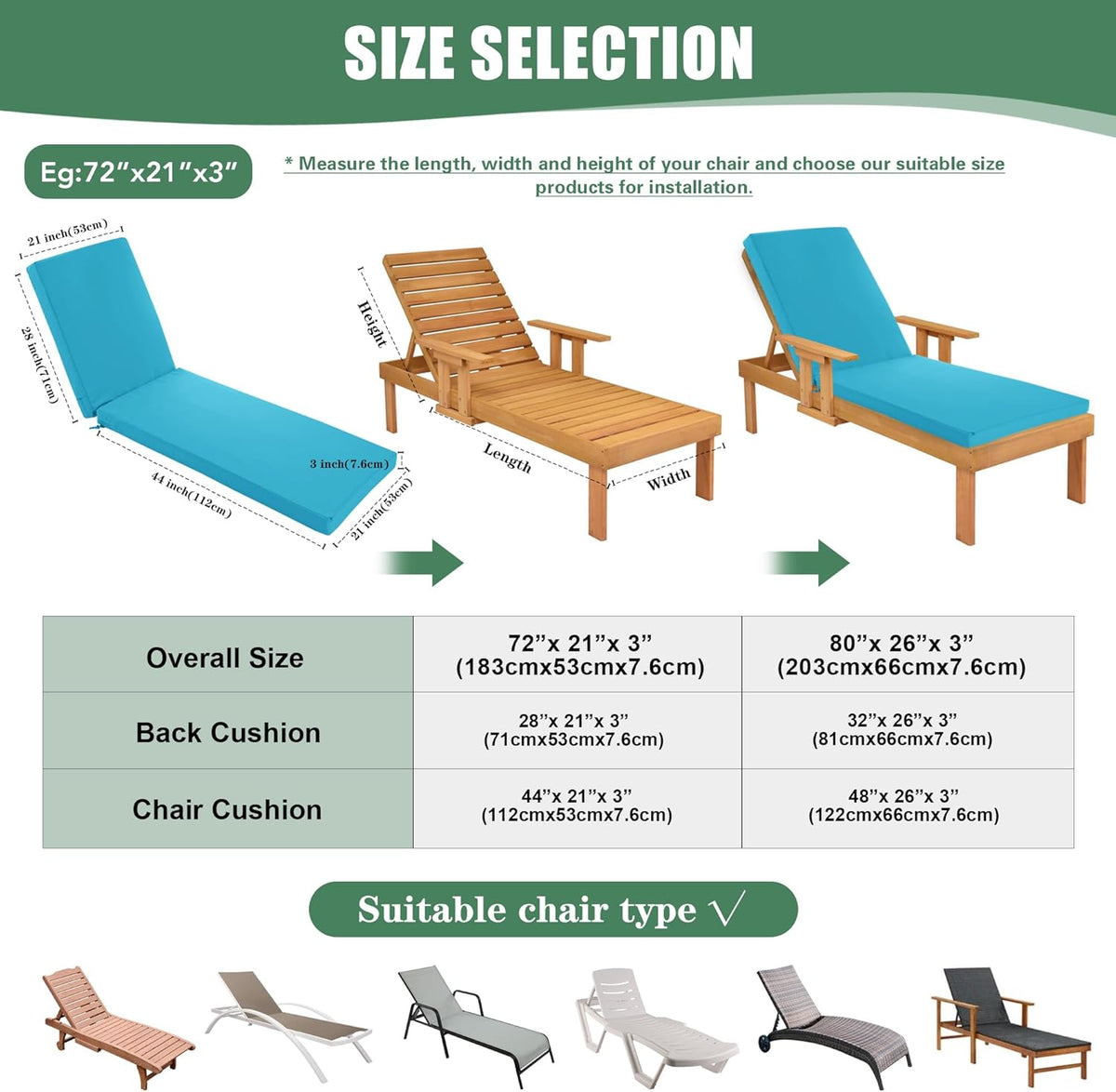 Chaise Lounge Cushions Outdoor Set of 4 - Waterproof and Fade Resistant Sun Lounger Replacement Cushions - Patio Lounger Pads with Removable Cover for Pool, Deck, Lawn, 72 x 21 x 3 Inch, Teal
