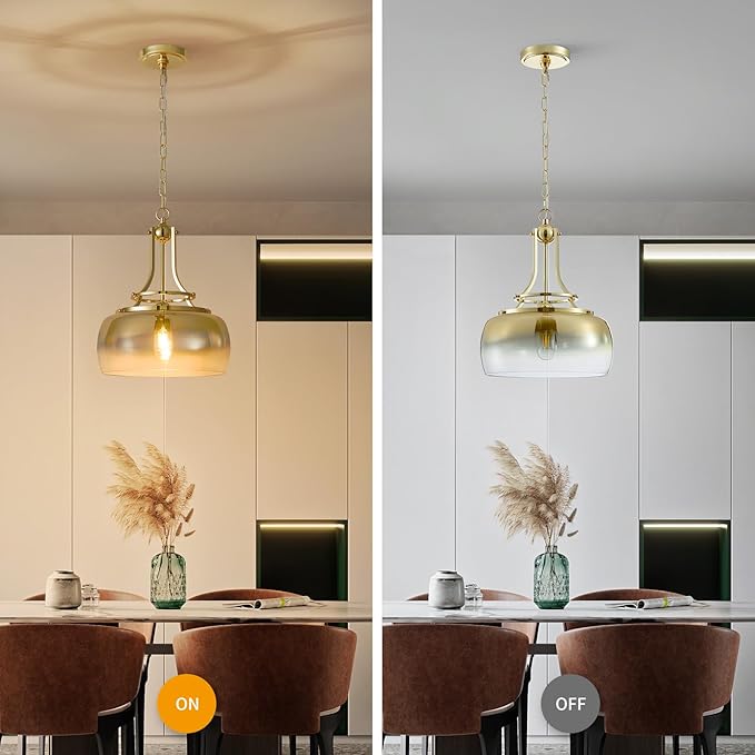 WUZUPS Gold Chandelier Rustic Farmhouse Industrial Round Ceiling Pendant LED Light Fixture with Gradient Glass Shade for Dining Room Kitchen Island Foyer Entryway, H 17" W 13.4", E26 Base