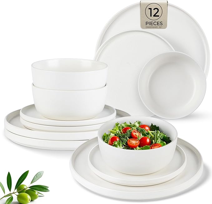 AmorArc Stoneware Dinnerware Sets for 4,Reactive Ceramic Plates and Bowls Set,Highly Chip and Crack Resistant | Dishwasher & Microwave Safe | Round Dishes Set Service for 4 (12pc)