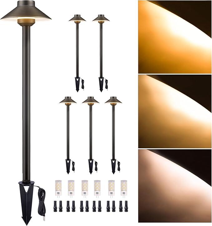 Low Voltage Landscape Lighting Brass, 2700K/3000K/4000K Adjustable 12v Pathway Lights Waterproof, Hard Wired Path Light Outdoor, Bronze for Exterior Area Patio with G4 Bulb (6 Pack)
