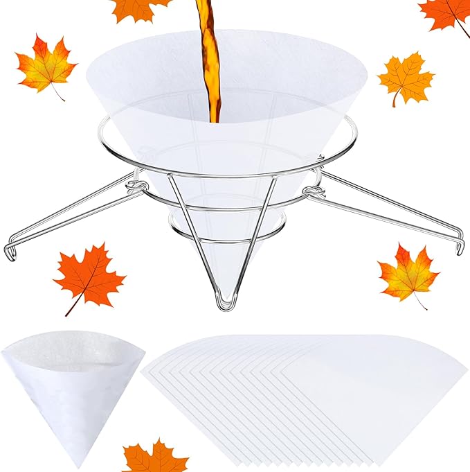 Tandefio 16 Pcs Maple Syrup Filter Set 1 Maple Syrup Filter 15 Cloth Filter Cones Deep Fryer Oil Filter Stand Non Woven Filter Cone Cooking Oil Filter for Maple Syrup Making and Oil