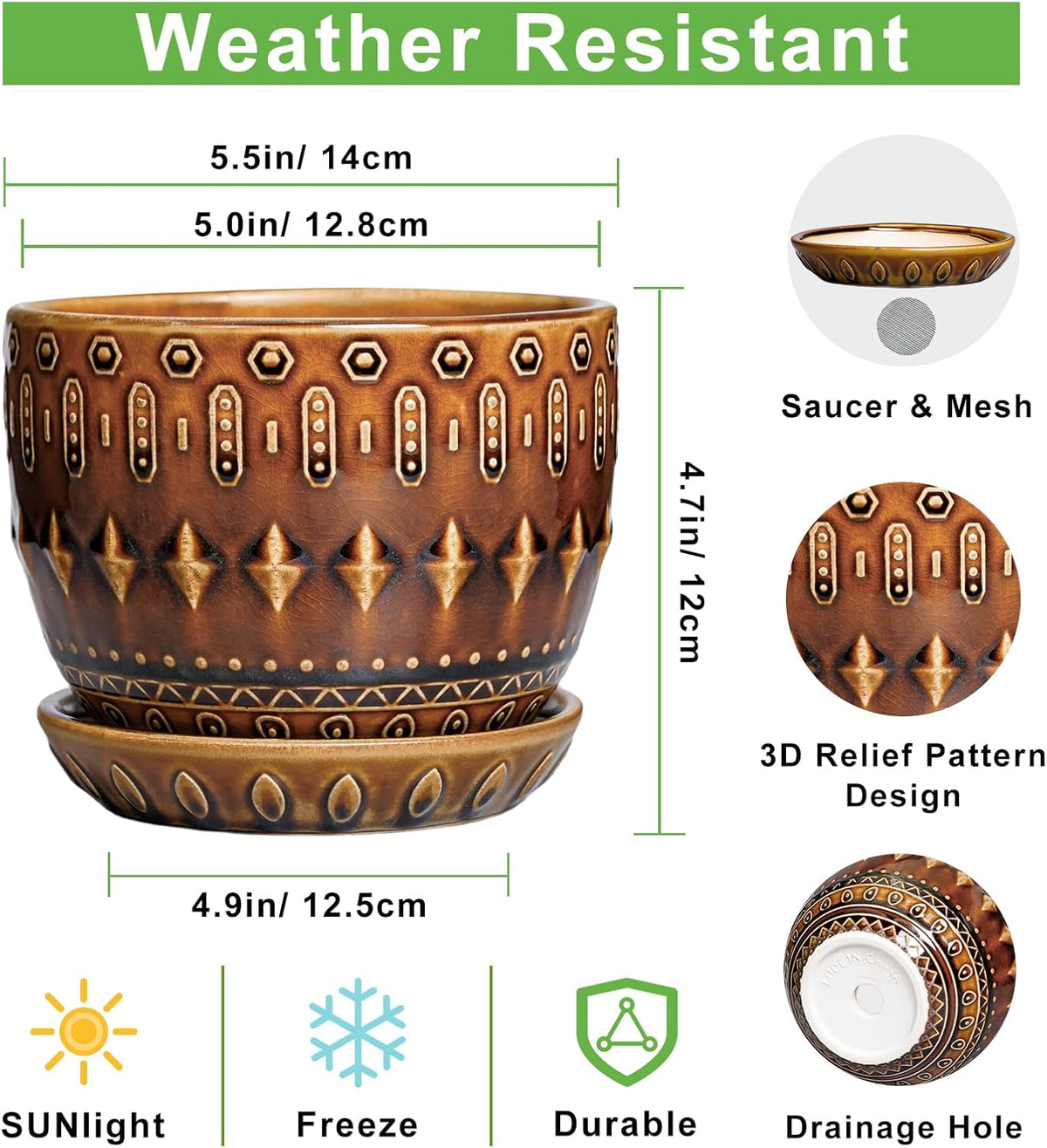 G EPGardening 5.5 Inch Plant Pot - Ceramic Planter for Indoor Outdoor Plants, Boho Round Indoor Flower Pot with Drainage Hole and Saucer, Housewarming Gifts, Garden Home Room Decor, Brown