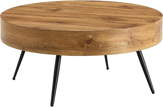 31.5'' Round Coffee Table for Living Room, Wood Texture Table Top, Black Metal Table Legs Tea Table for Dining Room Apartment Small Space (Brown)