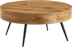 31.5'' Round Coffee Table for Living Room, Wood Texture Table Top, Black Metal Table Legs Tea Table for Dining Room Apartment Small Space (Brown)