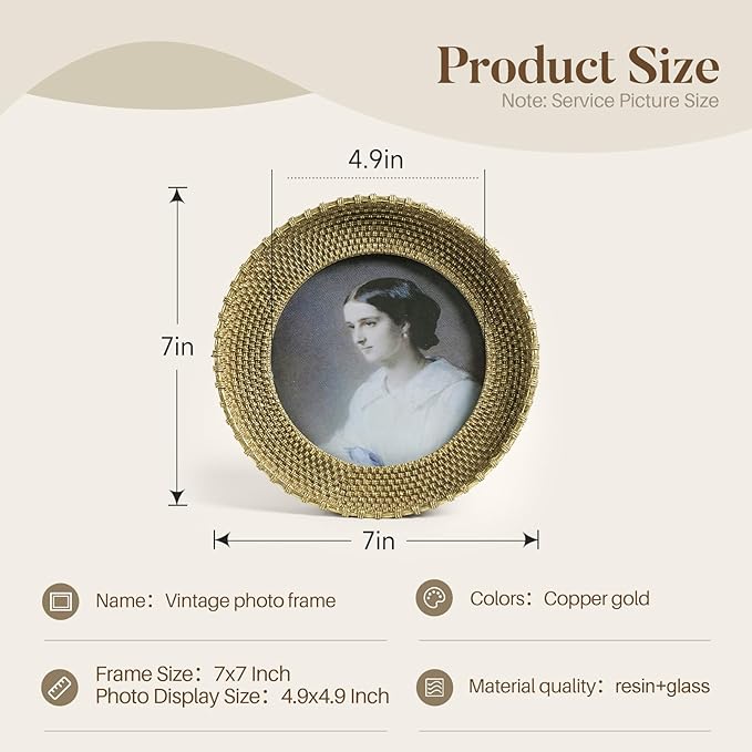 Cuspin Vintage Gold 5x5 Picture Frame, Gold Metal Rattan Textured Hand-Crafted Photo Frame with Glass Front Antique Picture Frame for Tabletop Display & Wall Display, Retro Design Home Decor