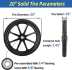 20" Flat Free Tire and Wheel, with 3/4" & 5/8" Bearing, 2.45" Centered Hub, Replacement Wheel For Rubbermaid Wheelbarrow, Garden Yard Cart, 2 Pcs