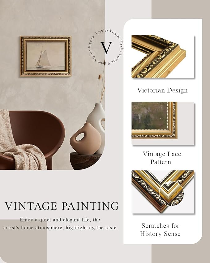 VIYYIEA Gold Framed Wall Art, White Sailboat Canvas Print Home Decor Vintage Art Painting Picture Bathroom Wall Decor, Sketch Artwork for Living Room Bedroom Kitchen Office - 10L x 8W