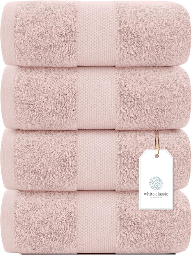 White Classic Luxury Bath Towels Set of 4 Large - 700 GSM Cotton Ultra Soft Bath Towels 27x54 | Highly Absorbent and Quick Dry | Hotel Towels for Bathroom Luxury, Plush Shower Towels, Pink