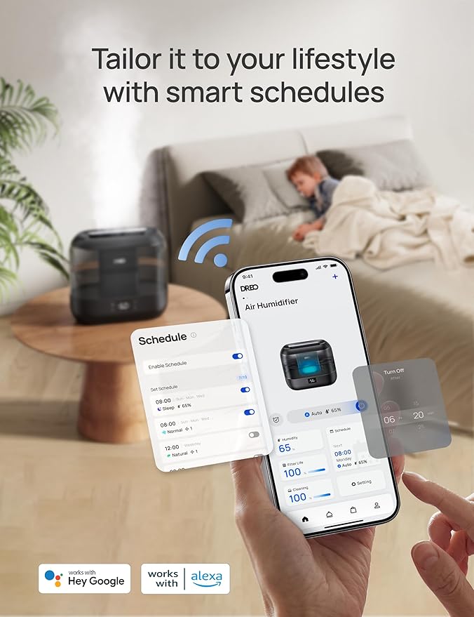 Dreo Smart Humidifiers for Bedroom, Top Fill 4L Supersized Cool Mist Humidifier with Nightlight, 36H Runtime, Touch/APP/Voice Control, 28 dB Quiet Ultrasonic Humidifiers for Large Room, Baby, Plants