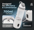Rechargeable Smoothie Blender 700ml – Portable Mini Travel Blender for Shakes and Smoothies with Six Stainless Steel Blades and USB Charging (White and Gray)