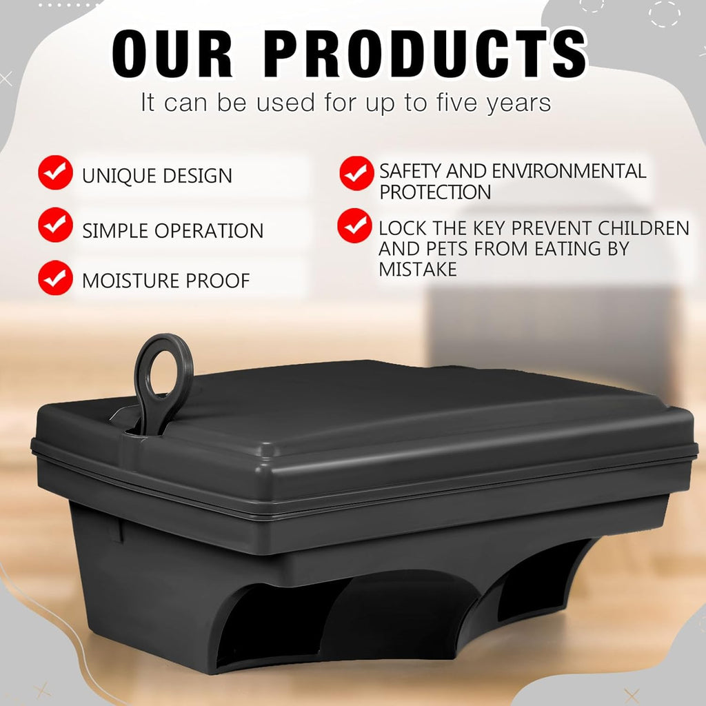 Qualirey 6 Pack Rat Bait Stations with 6 Keys Reusable Heavy Duty for Rodents Outdoor Mouse Poison Holder Large Station Traps for Mice Pests, Bait Not Included(Black)