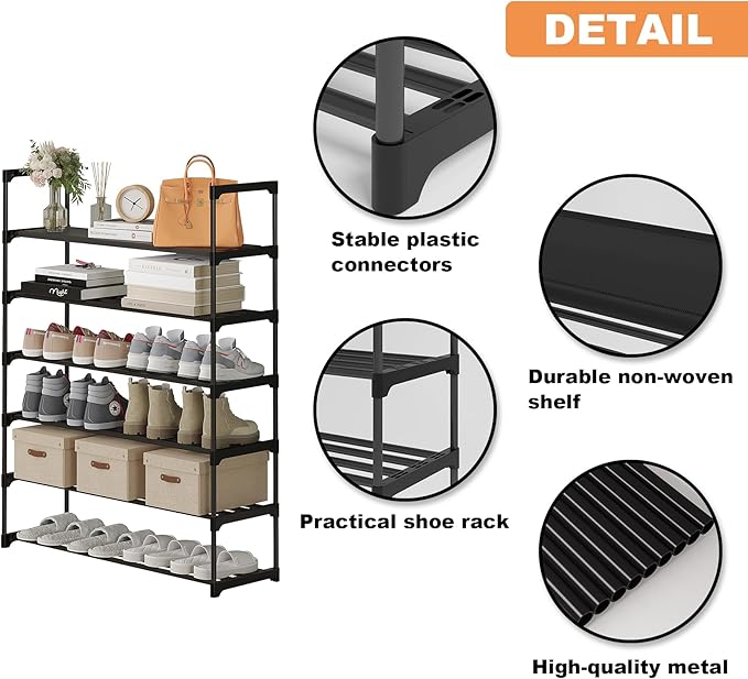 Calmootey 6-Tier Shoe Rack, Tall Large Capacity 30 Pairs Shoes Storage Organizer, Stackable Wide Shoe Shelf for Entryway, Hallway, Black