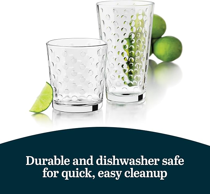 Libbey Awa Tumbler and Rock Glasses Drinking Set, Elegant Polka Dot Drinking Glasses Set of 16, All Purpose Glass Cups Set for Events and Everyday Use