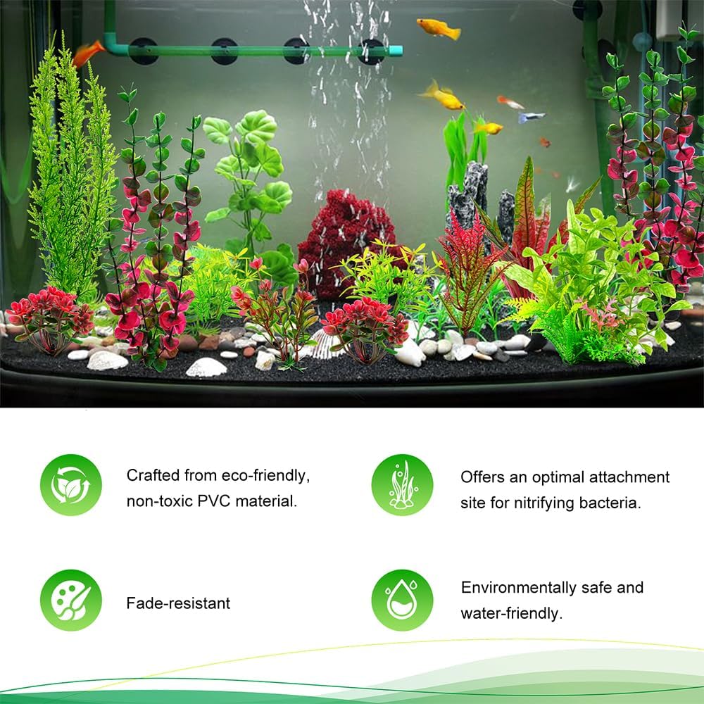 18-Piece Artificial Aquarium Plants Decorations – Large Set with Red & Green Foliage, Fish Tank Decor for Betta, Goldfish, Freshwater & Saltwater Tanks, Weighted Bases