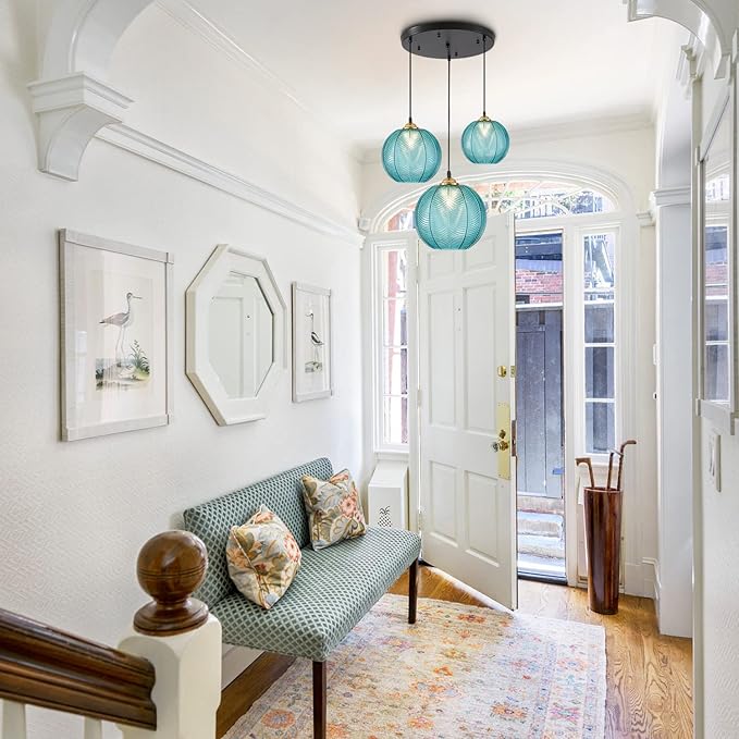 KCO Lighting Modern 3-Light Blue Striped Glass Pendant Light Fixture Nordic Glass Ball Cluster Chandelier Vintage Large Globe Pendant Lighting Mid-Century Black Island Light for Kitchen