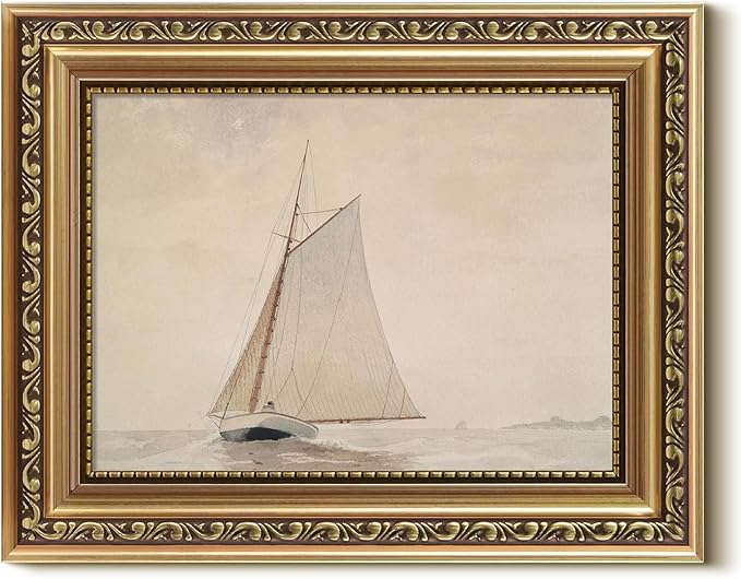 VIYYIEA Gold Framed Wall Art, White Sailboat Canvas Print Home Decor Vintage Art Painting Picture Bathroom Wall Decor, Sketch Artwork for Living Room Bedroom Kitchen Office - 10L x 8W