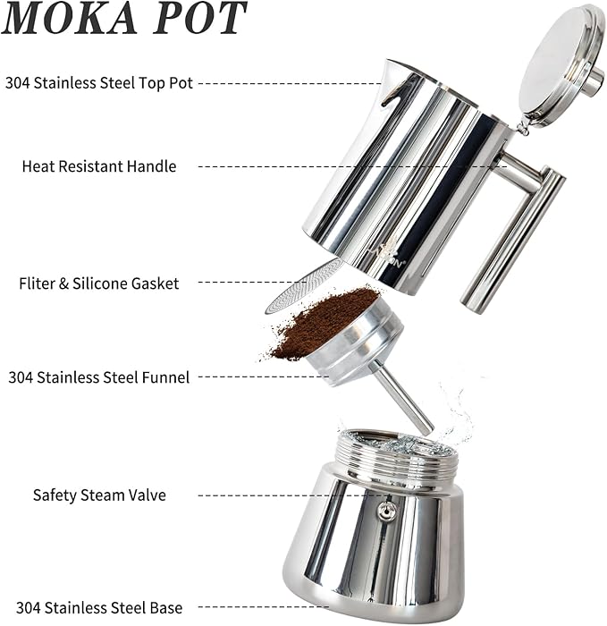 Stovetop Espresso Maker, 4Cup 6.8 oz Moka Pot, Stainless Steel Cuban and Italian Coffee Maker for Cafetera Cubana, Greca De Cafe Induction Stovetop Compatible, Coffee Gift for Home Travel