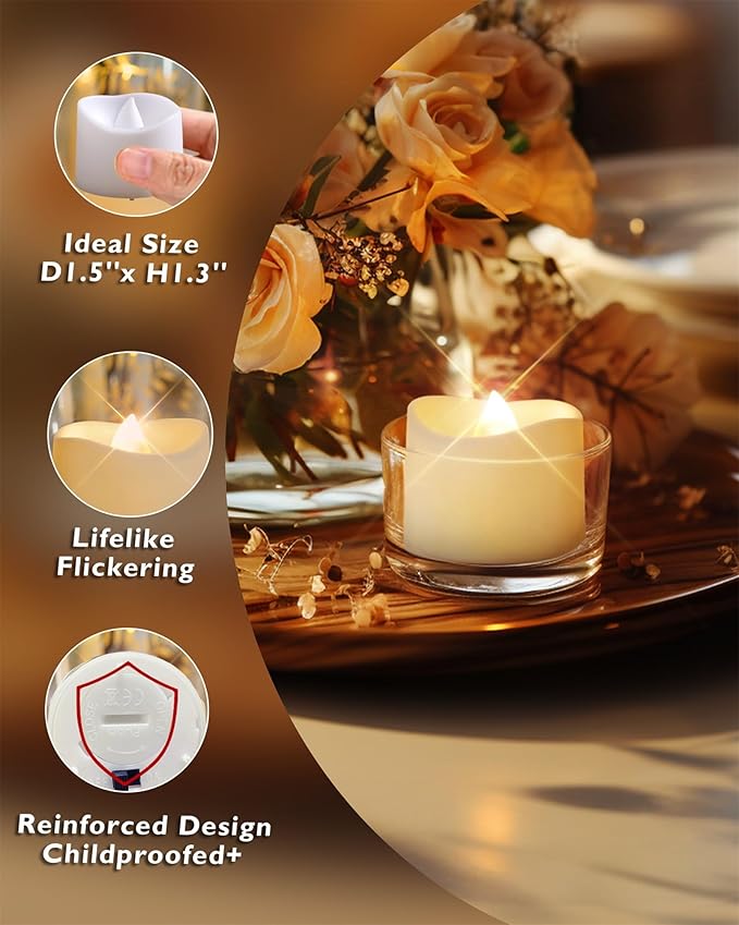 Homemory 72-Pack Novelty Flickering Flameless Tea Lights, 200+Hours Battery Operated, Fake Electric LED Votive Candles for Small Wedding Table Centerpieces, Proposals, Anniversaries