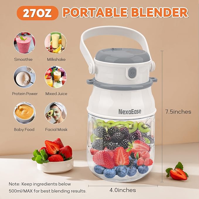 Portable Blender Personal Juicer for Shakes and Smoothies - 27 OZ Electric Protein Shaker Bottle with Insulated Sleeve, Travel Lid, USB-C Rechargeable - Mini Small Blender Cup for Kitchen, Office, Gym