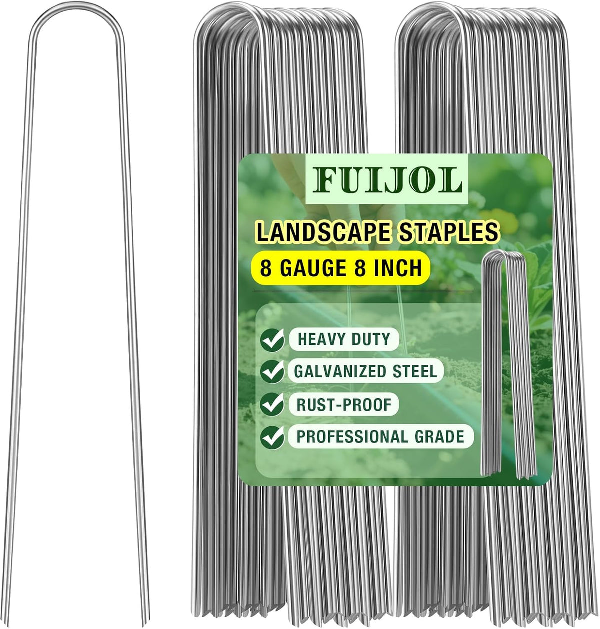 8 Gauge Landscape Staples, FUIJOL 8 Inch Heavy Duty U-Shaped Landscape Stakes, 25 Pack Galvanized Garden Staples for Weed Barrier Stakes, Ground Cover, Irrigation Tubing, Fence (25)