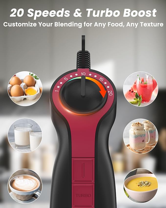 Immersion Blender Handheld 1000W, 3 in 1 Stick Hand Blenders for Kitchen with 20 Variable Speeds & Turbo, 304 Stainless Steel with Electric Whisk & Milk Frother Attachments for Soup, Puree & Emulsion