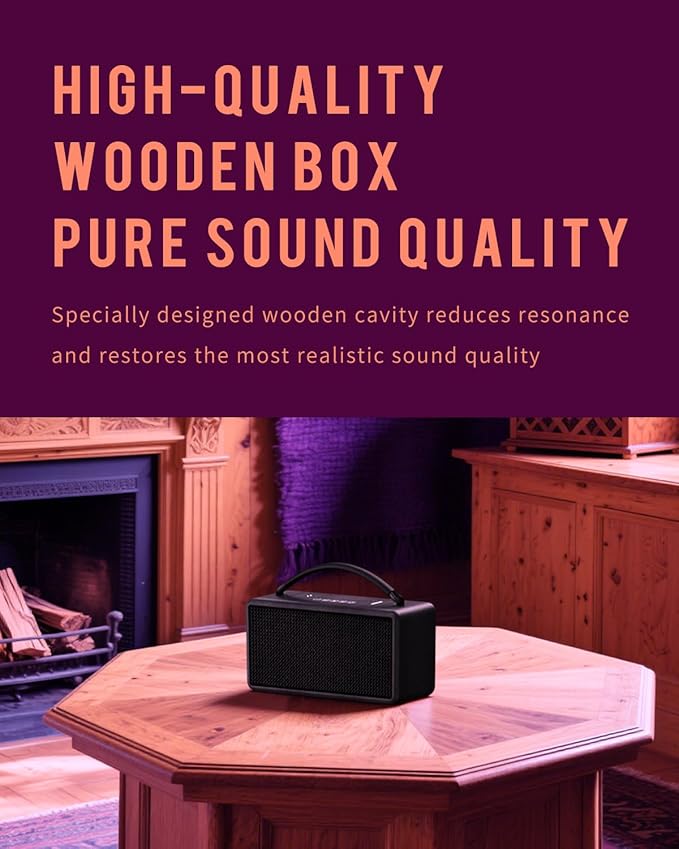 DINDIN Portable Bluetooth Speaker: 80W (Peak), 20H Playtime, Loud Wireless Wood Speakers with Bass, AUX and USB Input, Subwoofer, TWS Pairing, Vintage Speaker for Outdoor, Home, Office (Black)