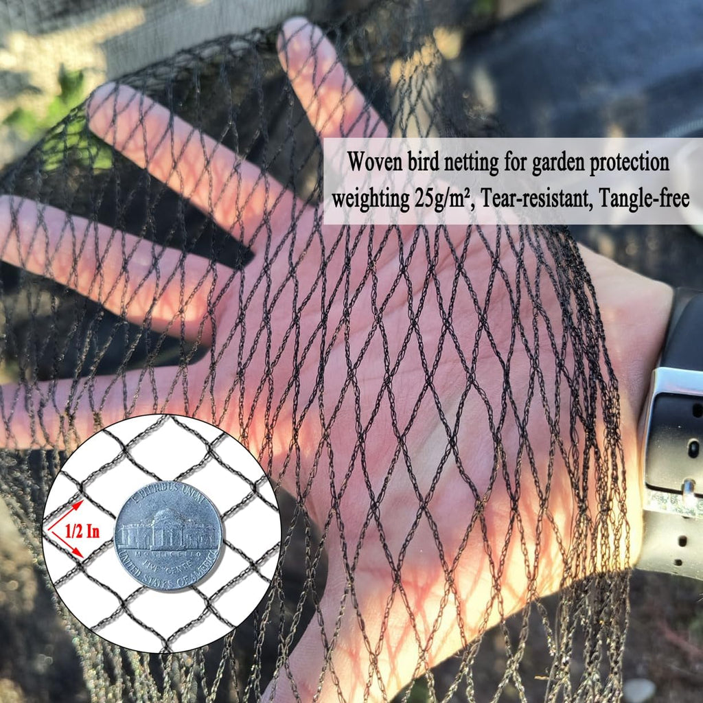 Junflying Bird Netting, 15x20 FT – 1/2" Mesh, Woven Black Netting for Garden Protection with Ties, Protects Vegetables, Fruit Trees, Blueberry Bushes & Strawberry Plants