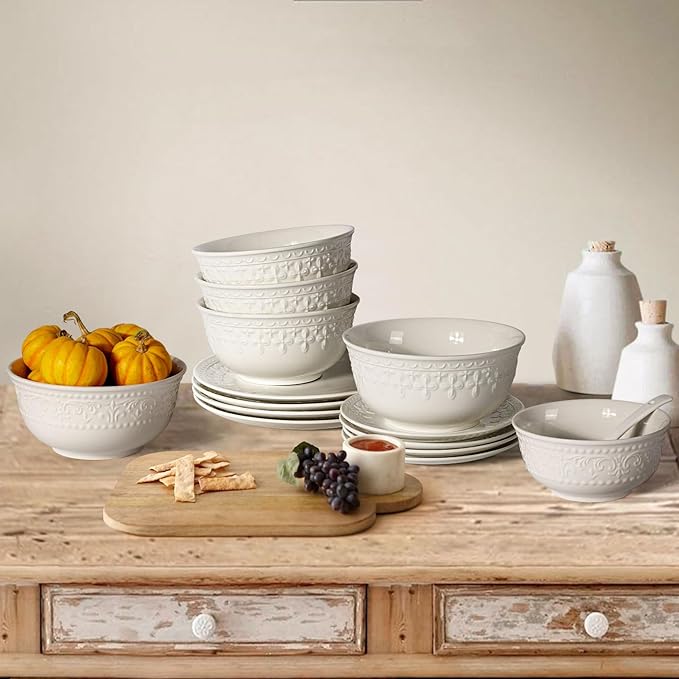 Large Salad Bowls Set of 4, 60oz White Serving Bowls Deep Deep Embossed Ceramic Mixing Bowl for Soup Kitchen, Eating, Ramen, Pasta, Dishwasher & Microwave Safe 8 inch (Cross Floral)