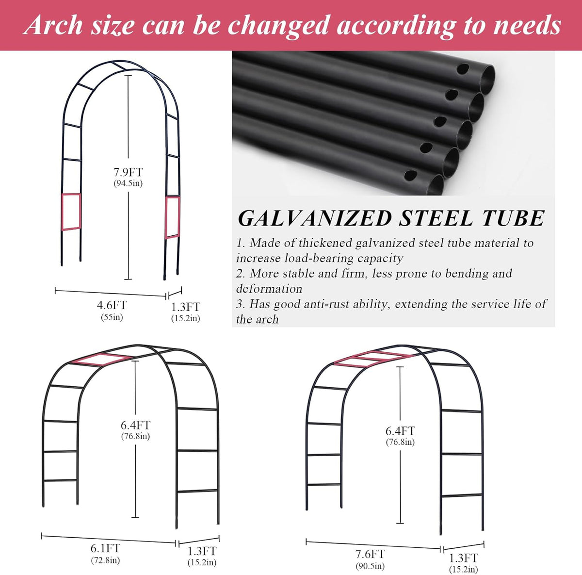 Thickened Tube Garden Arch Trellis - 4.6ft Wide x 7.9ft High or 7.6ft Wide x 6.4ft High - Trellis for Climbing Plants - Stable Garden Arbor, Wedding Arch Decorations, Birthday Party Decoration