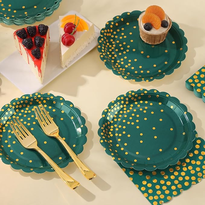 105PCS Green Plates and Napkins Party Supplies, Green and Gold Birthday Party Decorations, 7” Dessert Paper Plates for Wedding Baby Shower Graduation Decorations, Serves 35