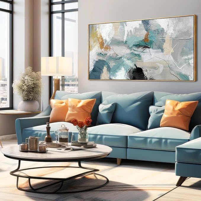 Wall Art Living Room Decorations 24"x48" Teal Wall Art Abstract Paintings Modern Framed Art Room Decor for Bedroom Kitchen Office