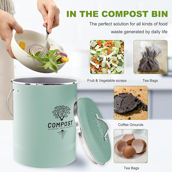 Kitchen Countertop Compost Bin, Odor Resistant Indoor Compost Bin with Lid and Charcoal Filter, Rust Resistant Coated Compost Bucket, Compost Container, Mint