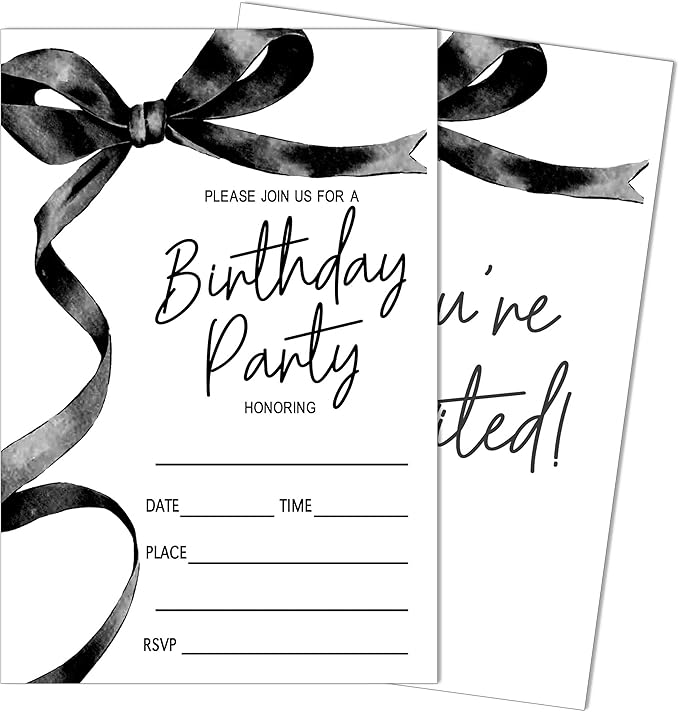 SIXEIGHT Black Bow Birthday Invitations, Black Ribbon Bow Birthday Party Invitations, 20 Party Invitations with Envelopes for Girls Boys, Birthday Party Favor & Decoration (4"x6")-A01