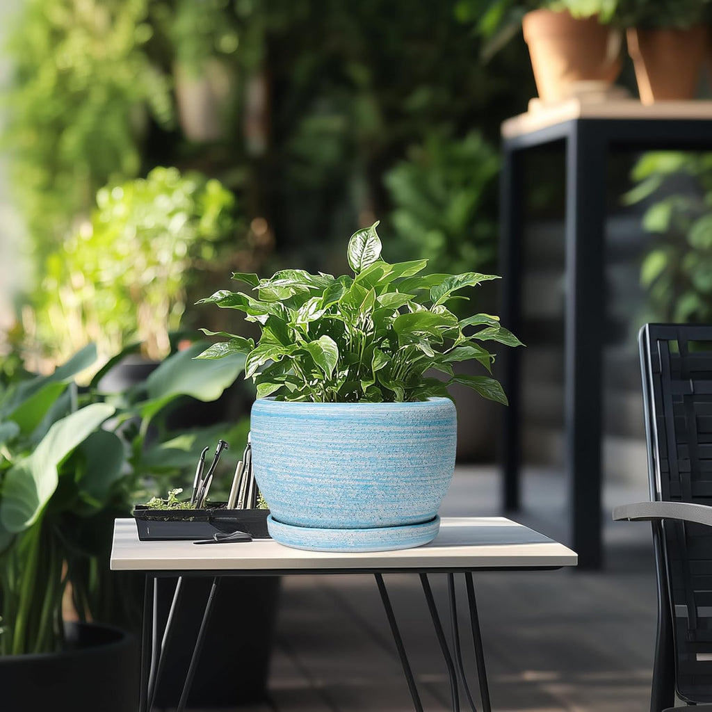 SQOWL Ceramic Planter - 8 inch Pot for Plants Indoor Outdoor, Modern Ceramic Flower Pot with Drainage Hole and Saucer, Decorative Round Planter, Home Office Decor, Plant Lovers Gifts, Blue