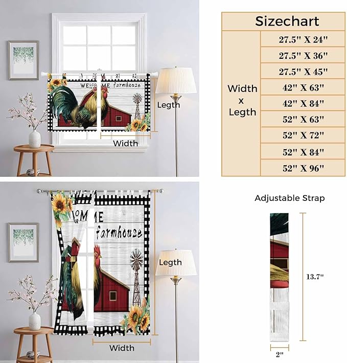 Farmhouse Rooster Kitchen Curtains 24 Inch Length, Small Window Curtains Tab Top, Rustic Red Barn Windmill Sunflowers Light Filtering Short Window Treatments Tier Drapes 27.5"x24" 2 Panel