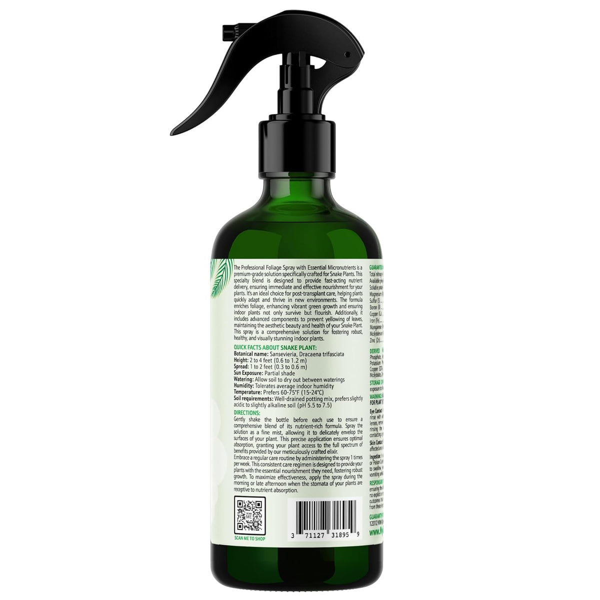 Professional Foliar Plant Spray with Essential Micronutrients 3-1-2 for Snake Plants, Dracaena trifasciata, Sansevieria - Liquid Fertilizer - Plant Food - Plant Shine - Plant Care (8 OZ)